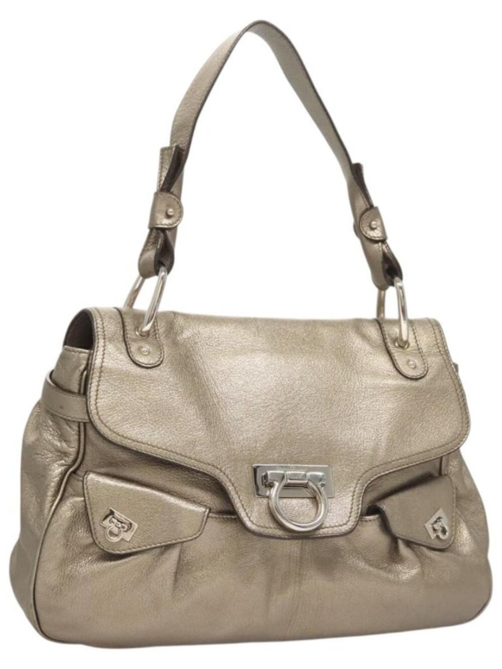 Salvatore Ferragamo Gancini Bag Leather Champagne Gold Silver Auth BD2047
